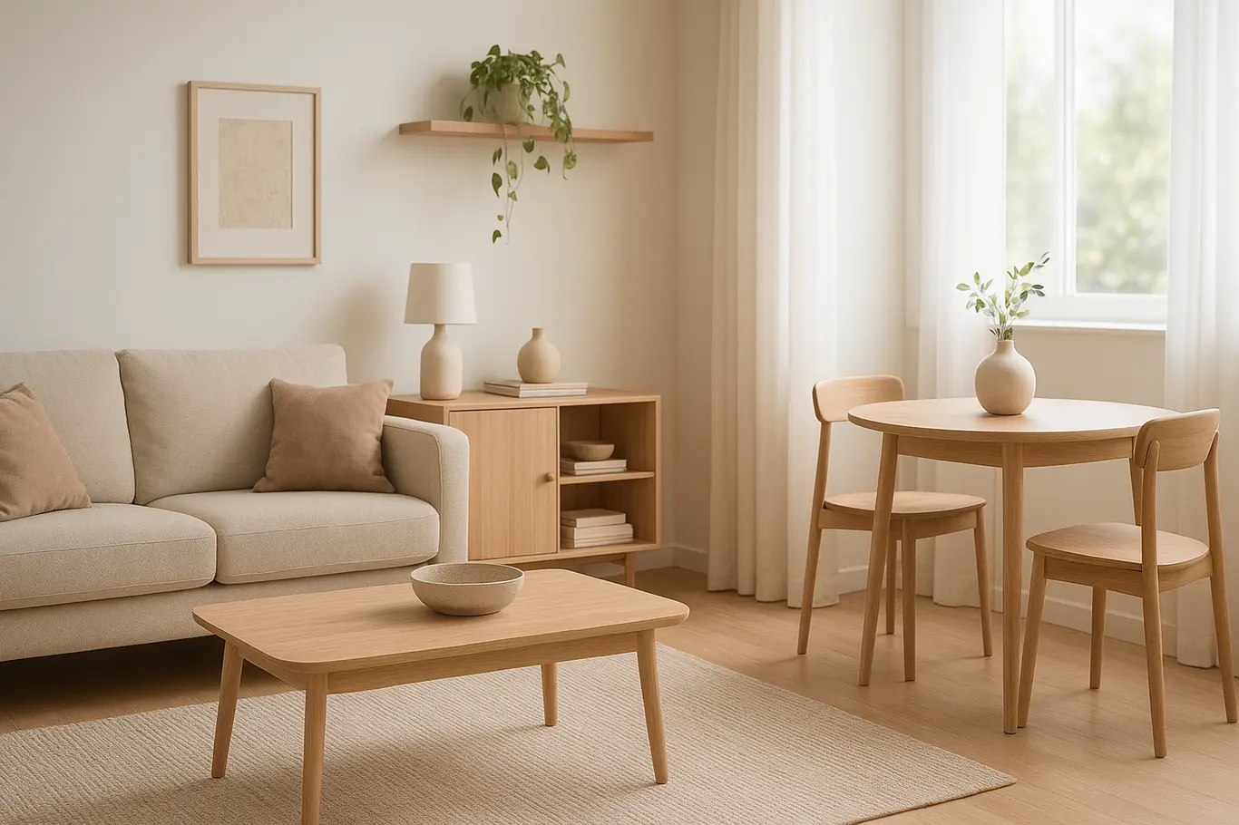 decoracao sala pequena moveis compactos Sala pequena organizada com móveis compactos em tons neutros e decoração moderna