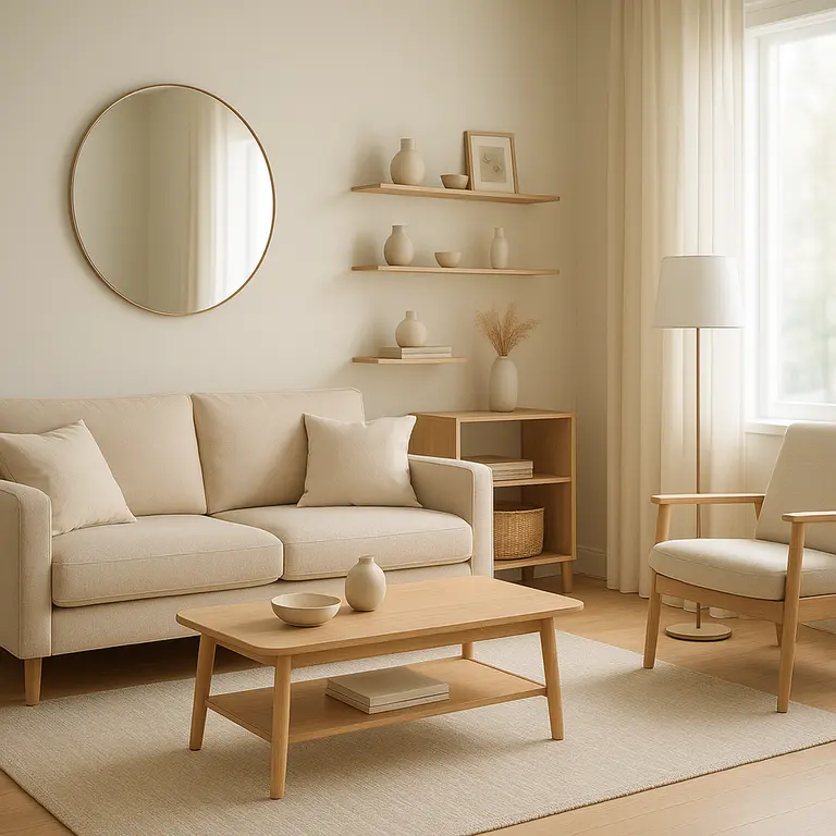 Sala pequena decorada com móveis compactos e iluminação natural