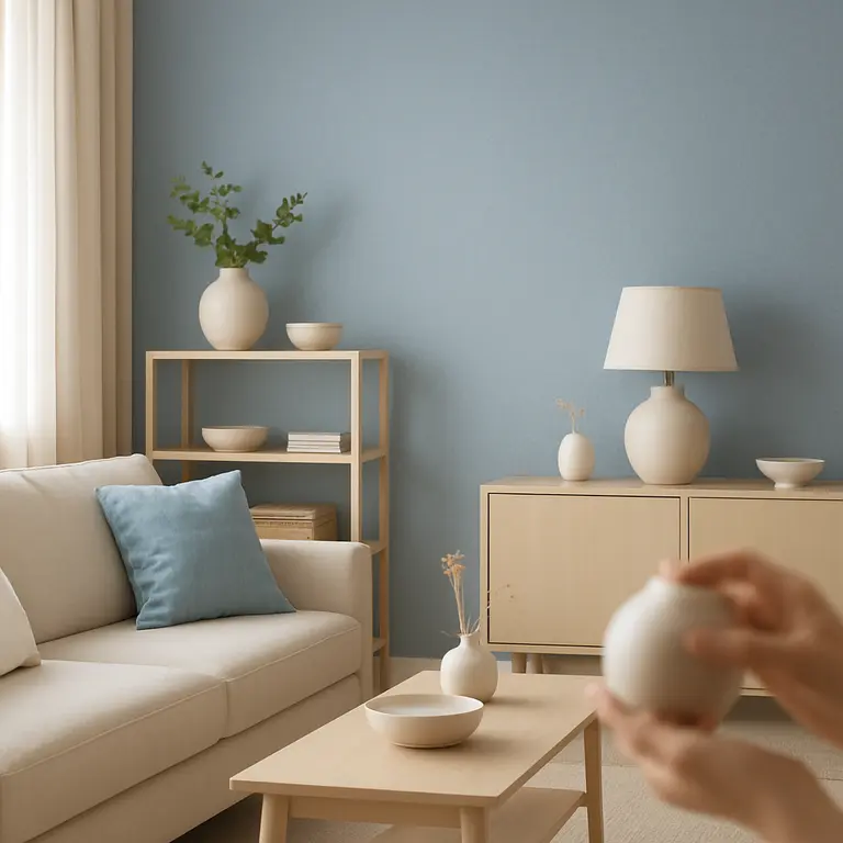 Sala de estar pequena decorada com móveis compactos funcionais em tons claros, parede com tom azul suave e textura delicada, iluminação natural abundante complementada por luz difusa, ambiente organizado e minimalista