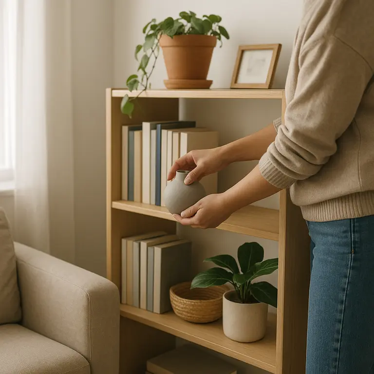 Pessoa organizando prateleiras de livros e objetos decorativos em sala pequena com móveis compactos e plantas