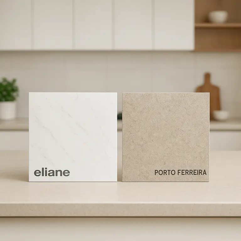 Comparação entre bancadas Eliane e Porto Ferreira em cozinha moderna