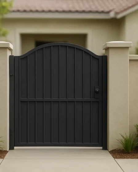 fachada muro simples portao 1 Fachada de muro simples branca com portão central de metal preto em área externa organizada