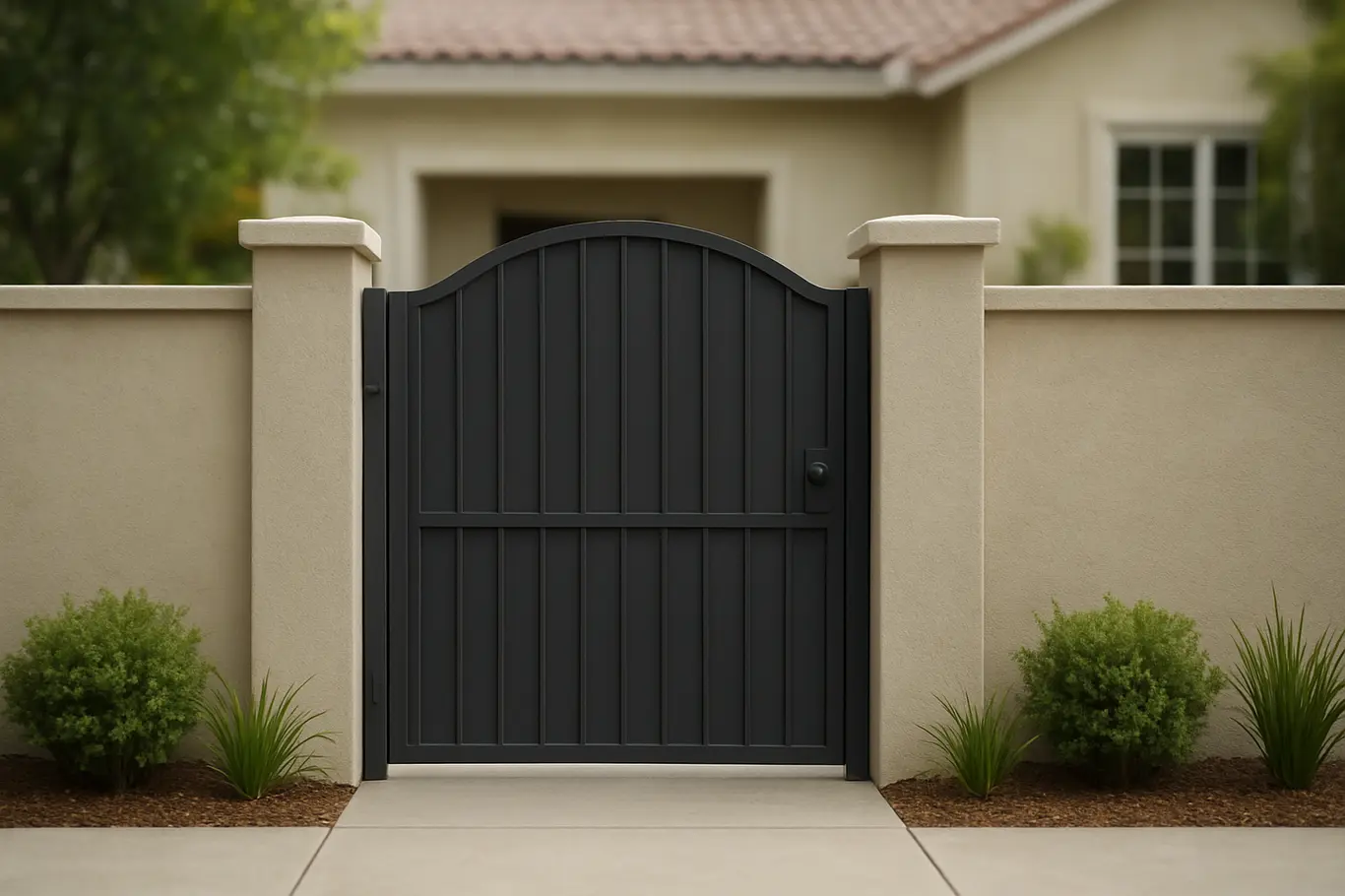 fachada muro simples portao 1 Fachada de muro simples branca com portão central de metal preto em área externa organizada