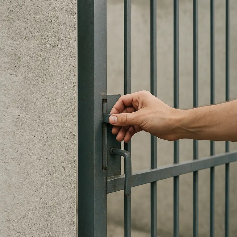 Mão adulta abrindo portão de metal em muro de concreto com pintura neutra