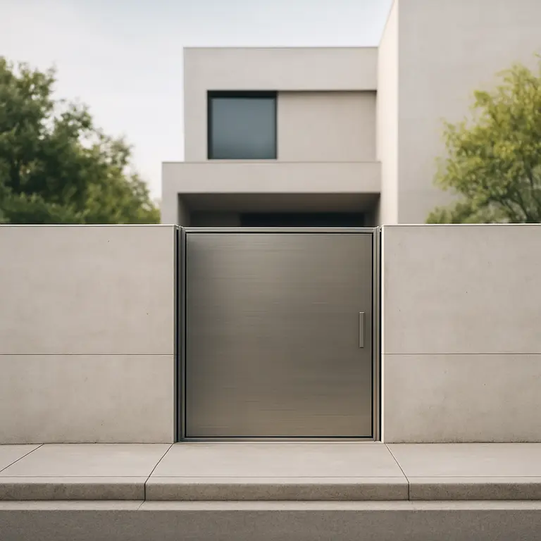 Fachada residencial moderna com muro baixo de concreto liso e portão metálico escovado centralizado