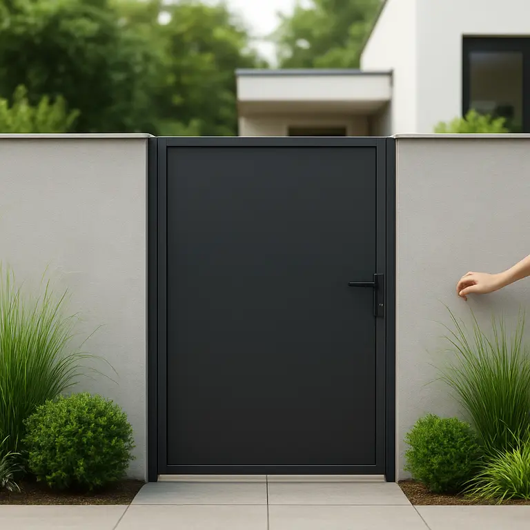 Fachada de muro simples com portão em madeira em destaque