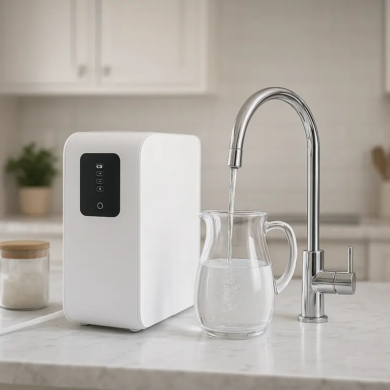 Filtro de água moderno instalado em pia de cozinha branca