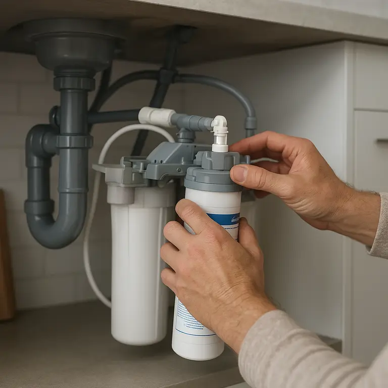 Mãos ajustando sistema de filtragem de água sob pia de cozinha moderna