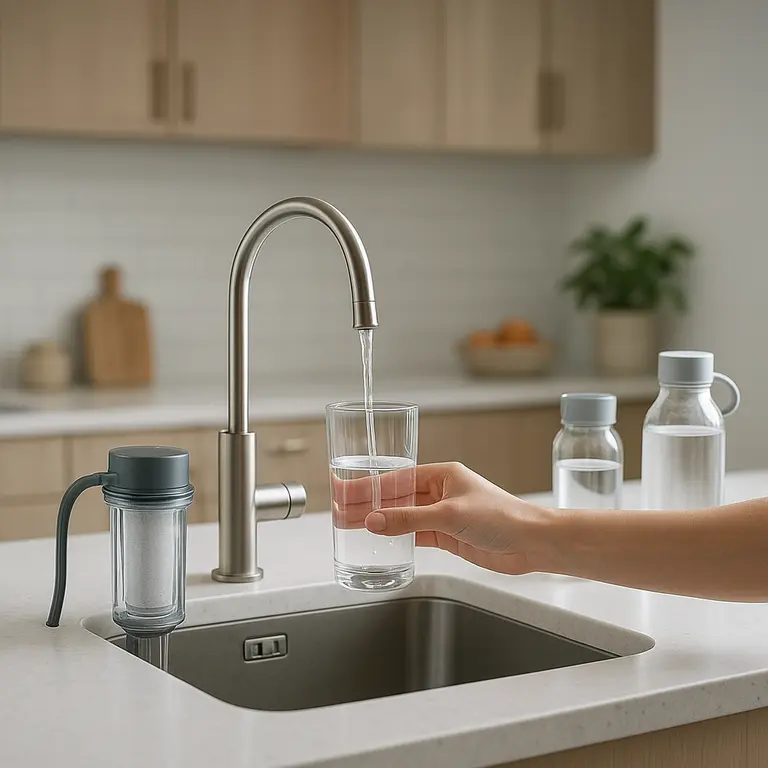Cozinha moderna com sistema de filtragem de água instalado sob a pia e mãos enchendo copo com água filtrada