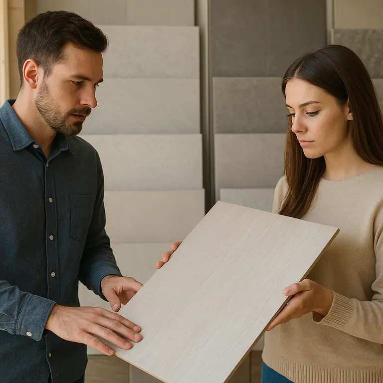 Homem e mulher analisando placas de revestimento cerâmico com atenção em loja de pisos