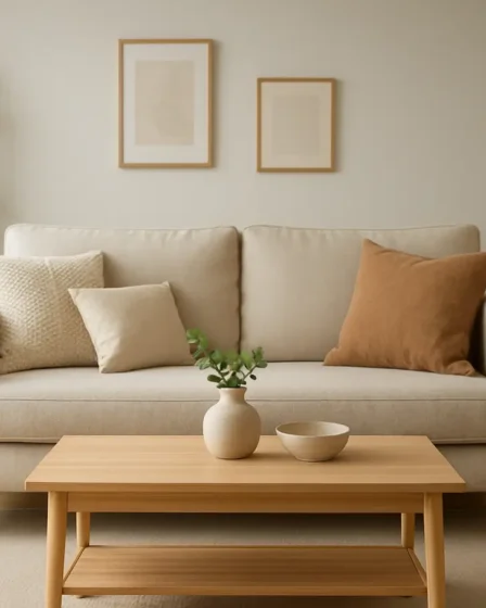 ideias para decorar sala pequena Sala pequena decorada com sofá compacto almofadas mesa de centro estantes estreitas e plantas