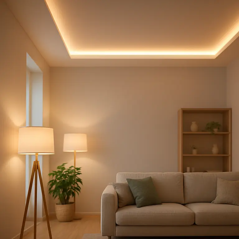 Sala de estar moderna com iluminação indireta aconchegante, luminárias embutidas de LED refletindo luz em paredes e teto, sofá, plantas e estante minimalista ao fundo