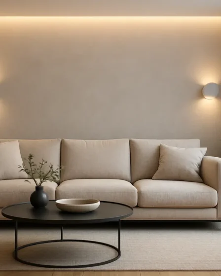 iluminacao indireta sala moderna Sala de estar moderna com iluminação indireta suave por luminárias embutidas e arandelas na parede