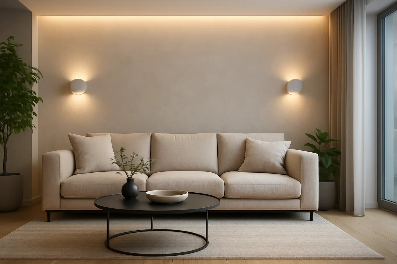 iluminacao indireta sala moderna Sala de estar moderna com iluminação indireta suave por luminárias embutidas e arandelas na parede