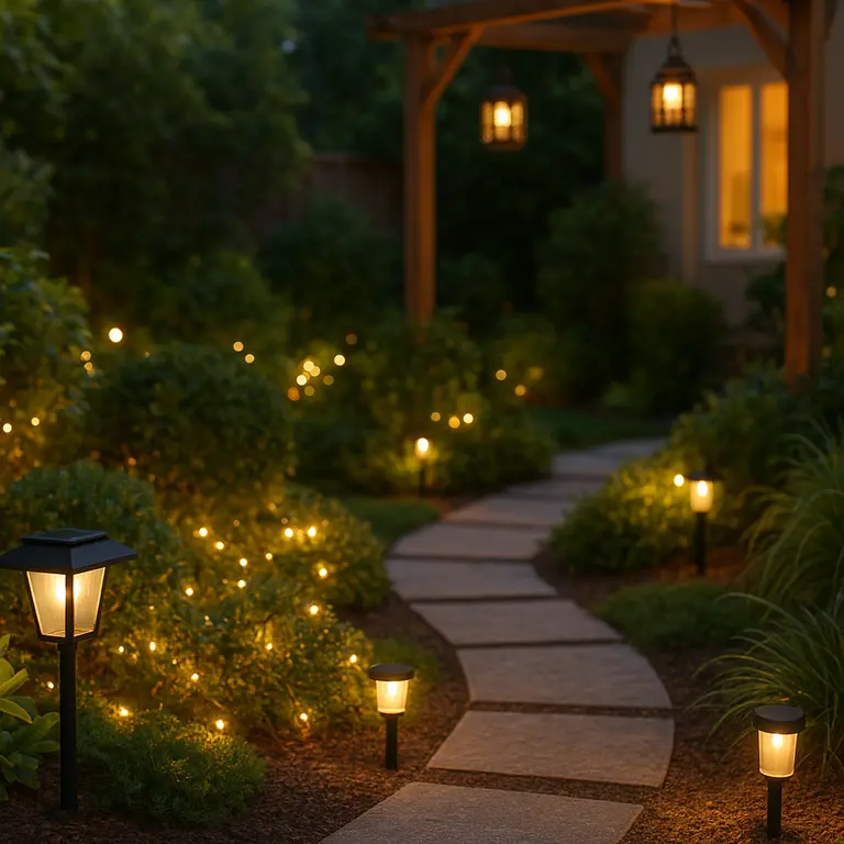 Jardim compacto ao entardecer com luminárias solares e fitas de LED em plantas e caminhos iluminados com luz quente