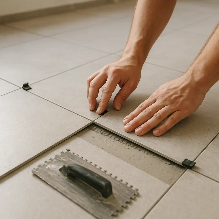 Mãos instalando porcelanato europeu Portobello e Roca com ferramentas em ambiente interno