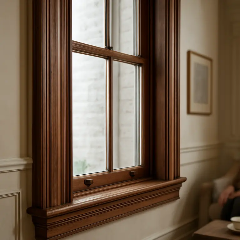 Janela antiga de madeira restaurada em casa reformada com detalhes arquitetonicos clasicos