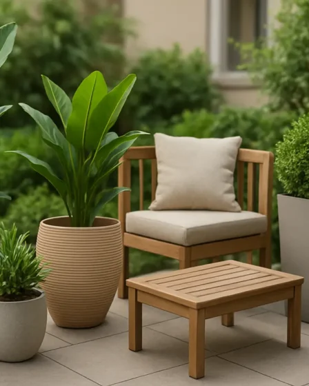 jardim pequeno decorado funcional elegante Jardim pequeno decorado com plantas em vasos modernos e móveis compactos