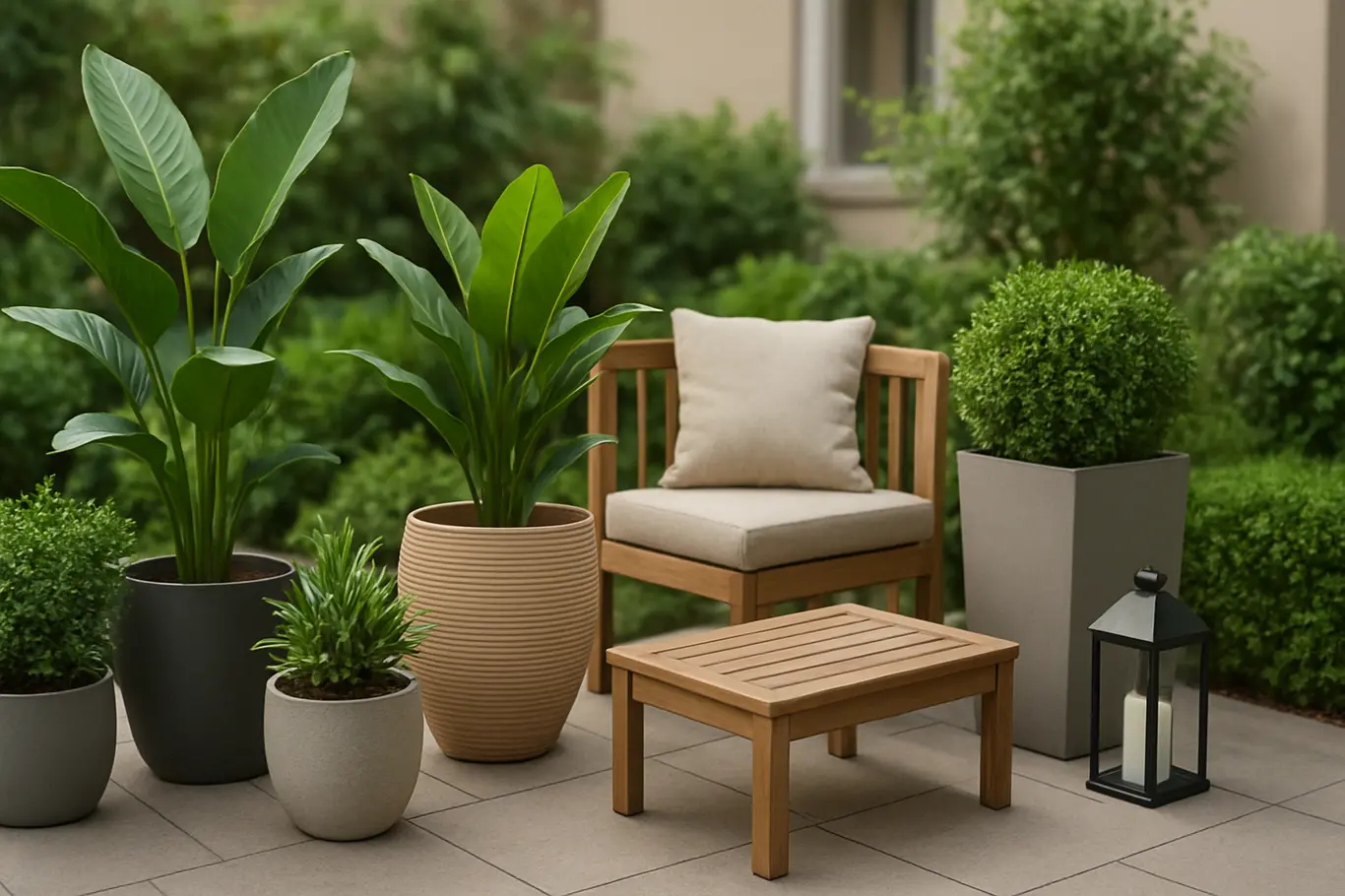 jardim pequeno decorado funcional elegante Jardim pequeno decorado com plantas em vasos modernos e móveis compactos