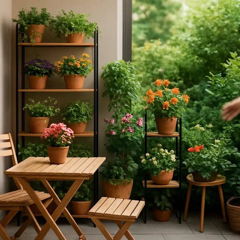 Jardim pequeno decorado com plantas e móveis compactos