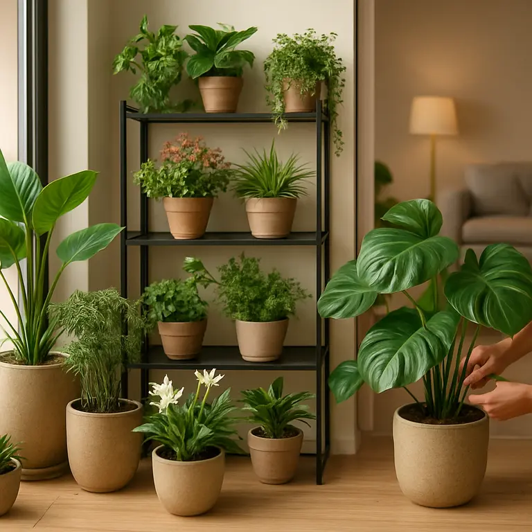 Jardim pequeno decorado em varanda de apartamento com vasos elegantes e estantes verticais