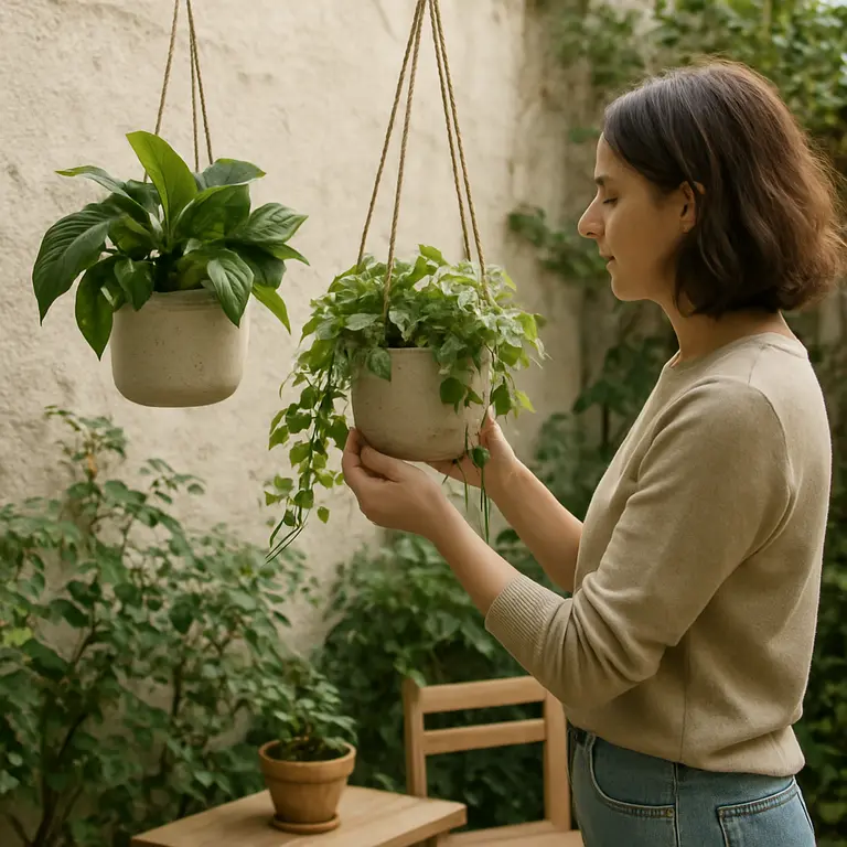 Pessoa cuidando de plantas em vasos suspensos em pequeno jardim decorado com móveis de madeira clara
