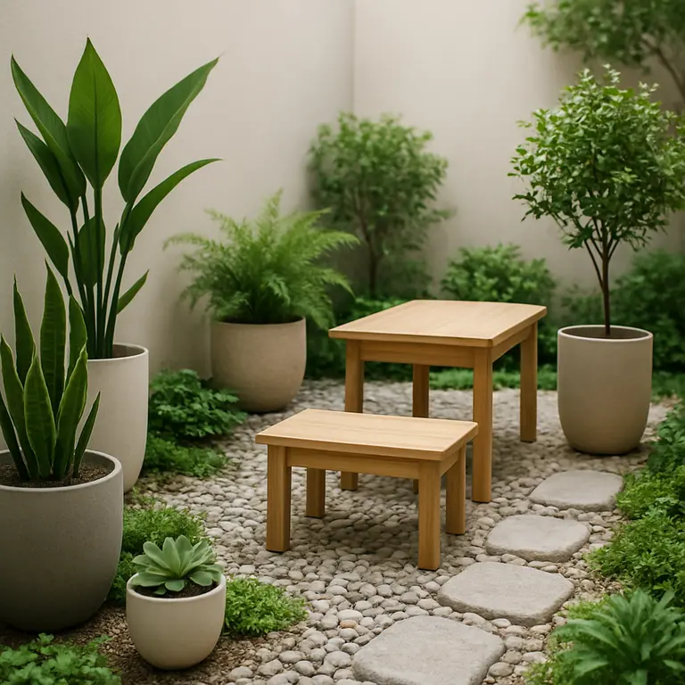 Jardim pequeno moderno com plantas organizadas e mobiliário funcional