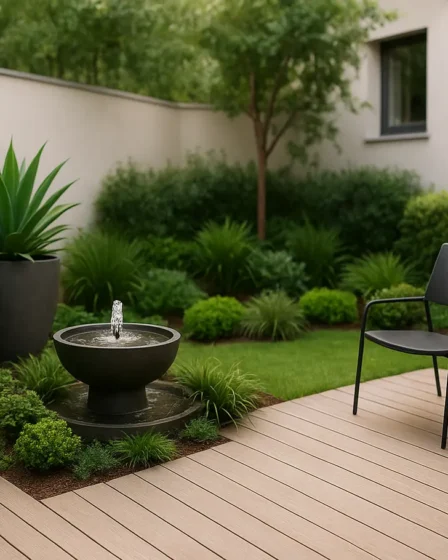 jardim pequeno moderno residencial decoracao Jardim pequeno moderno com plantas em vasos sobre deck de madeira claro e fonte d’água