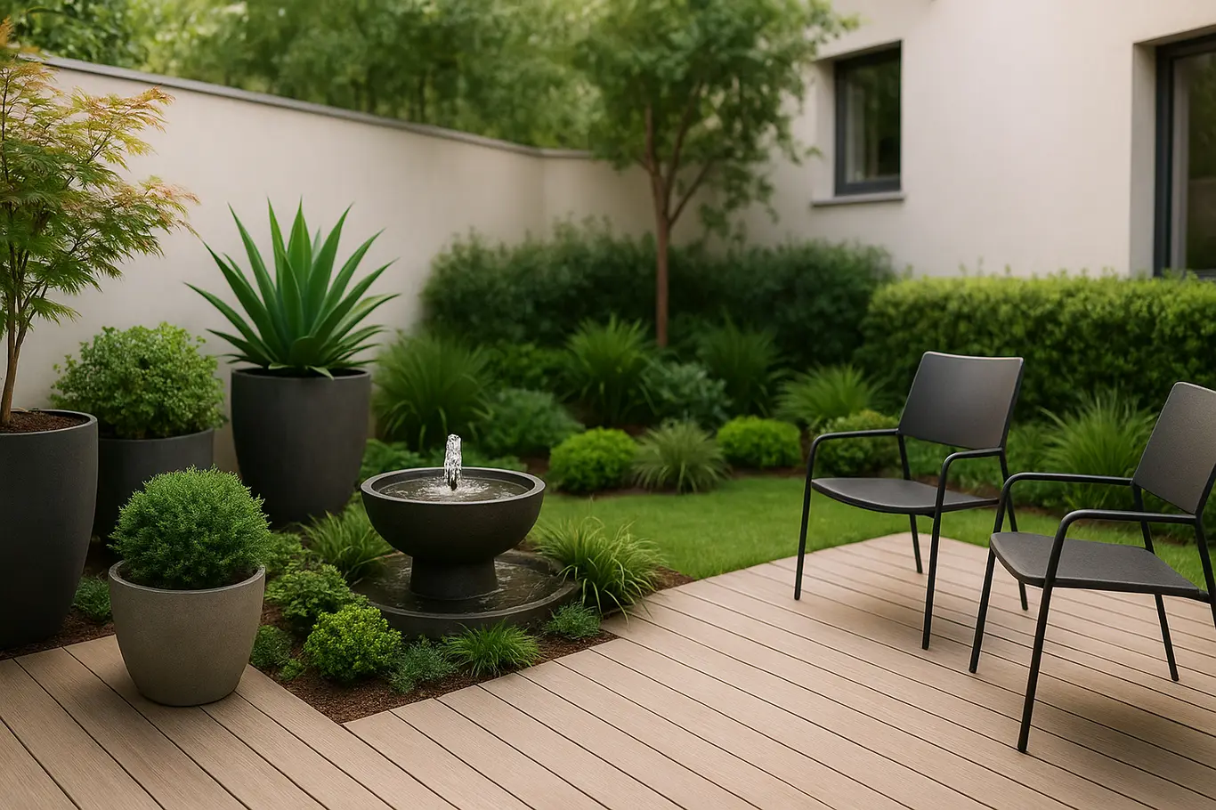 jardim pequeno moderno residencial decoracao Jardim pequeno moderno com plantas em vasos sobre deck de madeira claro e fonte d’água