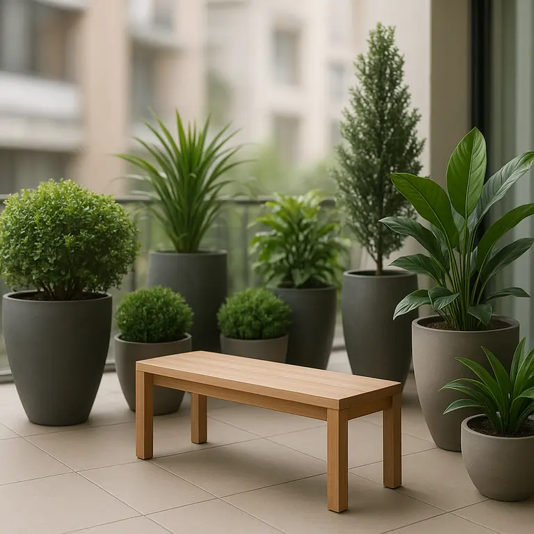 Jardim pequeno moderno planejado em varanda de apartamento com bancos minimalistas e plantas esculturais em vasos grandes