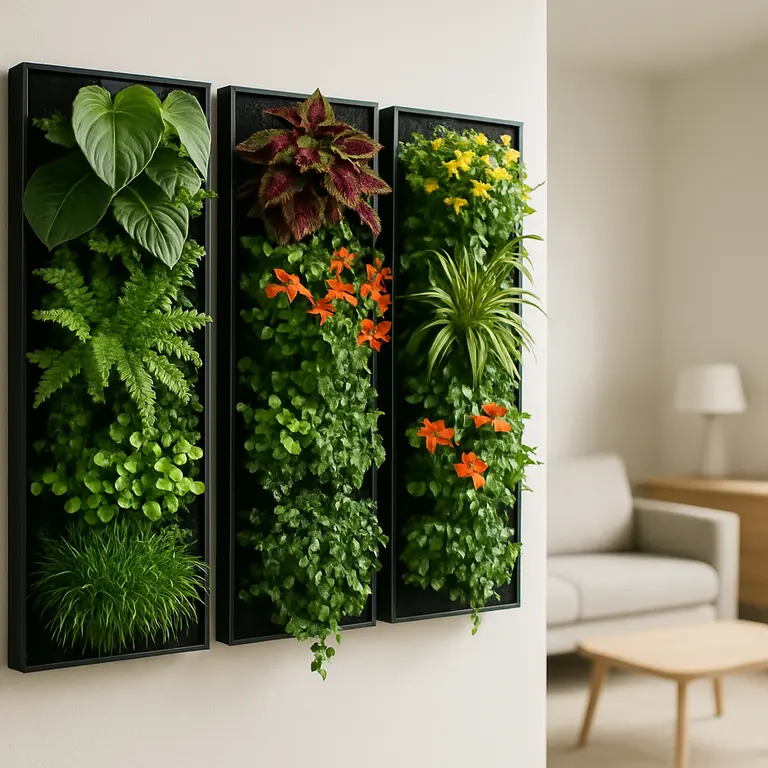 Jardim vertical moderno com plantas verdes em apartamento pequeno
