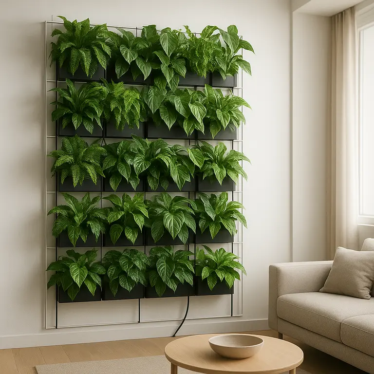 Jardim vertical moderno em apartamento pequeno com painéis finos e plantas verdes variadas