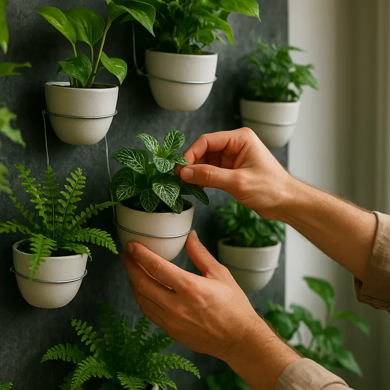 Mãos ajustando pequenos vasos suspensos em parede de jardim vertical moderno com folhagens verdes em apartamento pequeno
