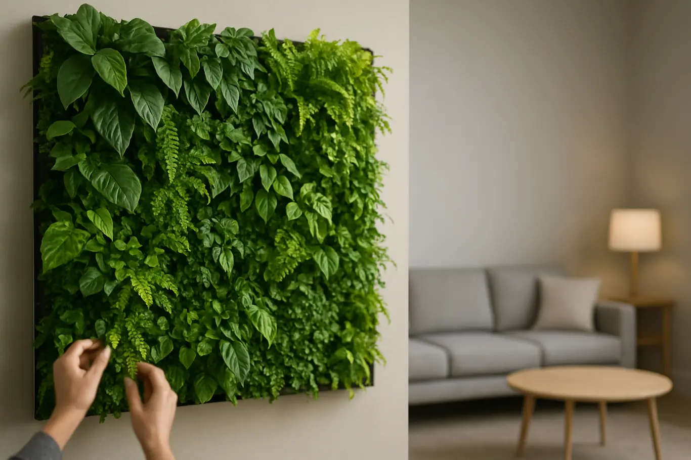 jardim vertical moderno sala estar Jardim vertical moderno com plantas verdes vibrantes em parede de sala minimalista