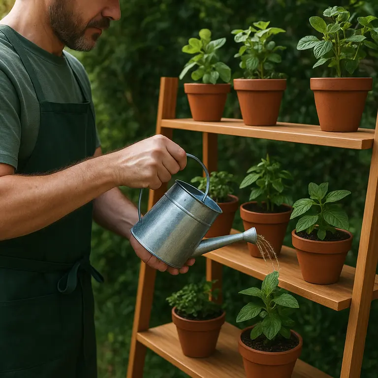 Jardineiro regando plantas em vasos pequenos organizados em prateleiras de madeira ao ar livre