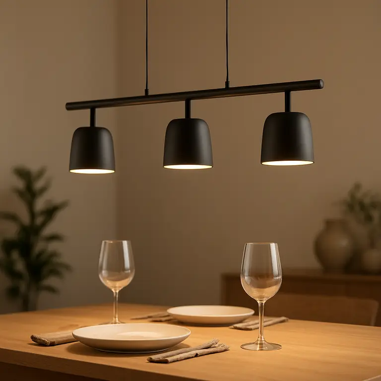 Luminária de teto moderna com múltiplos pendentes metálicos foscos iluminando mesa de jantar de madeira clara com toalha texturizada