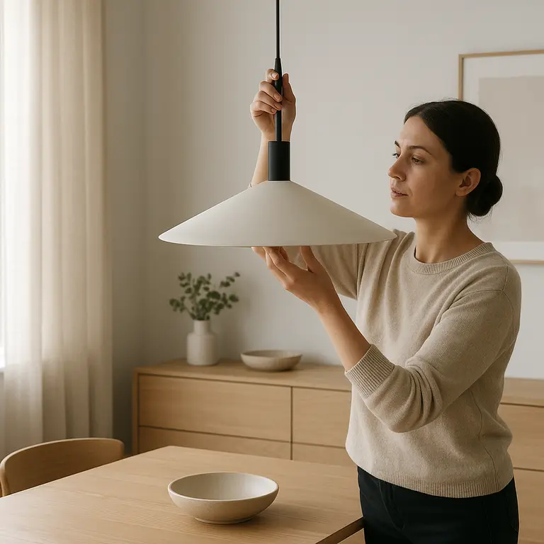 Pessoa ajustando luminária pendente modernista sobre mesa de jantar de madeira clara