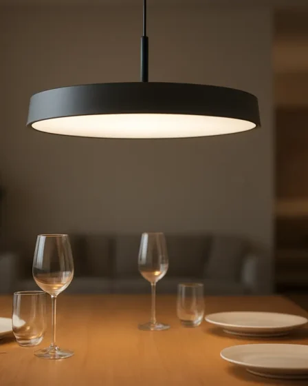 luminarias teto mesa jantar moderna Luminária de teto moderna pendendo sobre mesa de jantar com pratos e taças minimalistas em ambiente doméstico contemporâneo