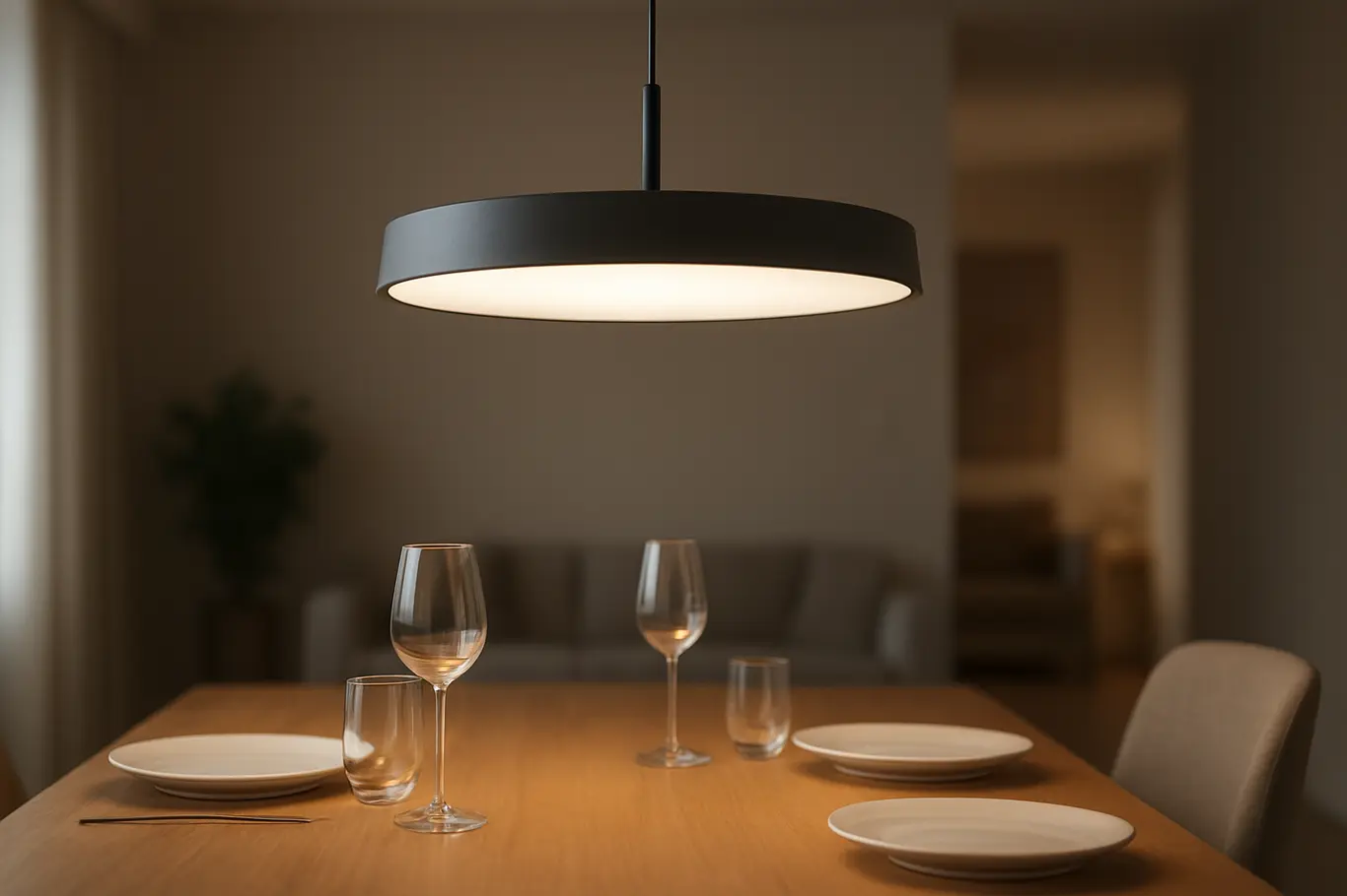 luminarias teto mesa jantar moderna Luminária de teto moderna pendendo sobre mesa de jantar com pratos e taças minimalistas em ambiente doméstico contemporâneo