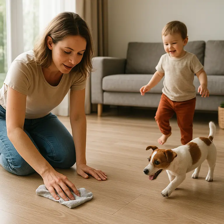 Mãe ajoelhada limpando piso vinílico com pano úmido enquanto criança pequena e cachorro brincam próximos