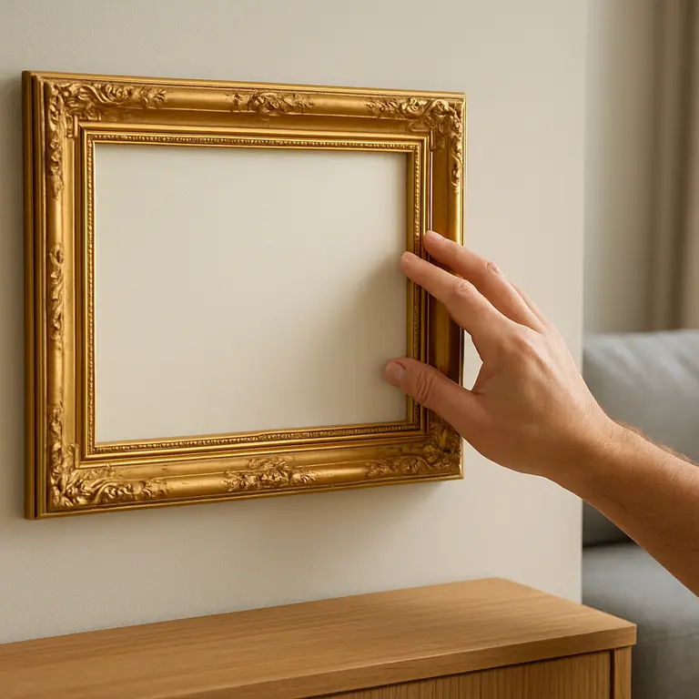 Mão adulta ajustando moldura dourada elegante em parede de sala de estar moderna com sofá ao fundo