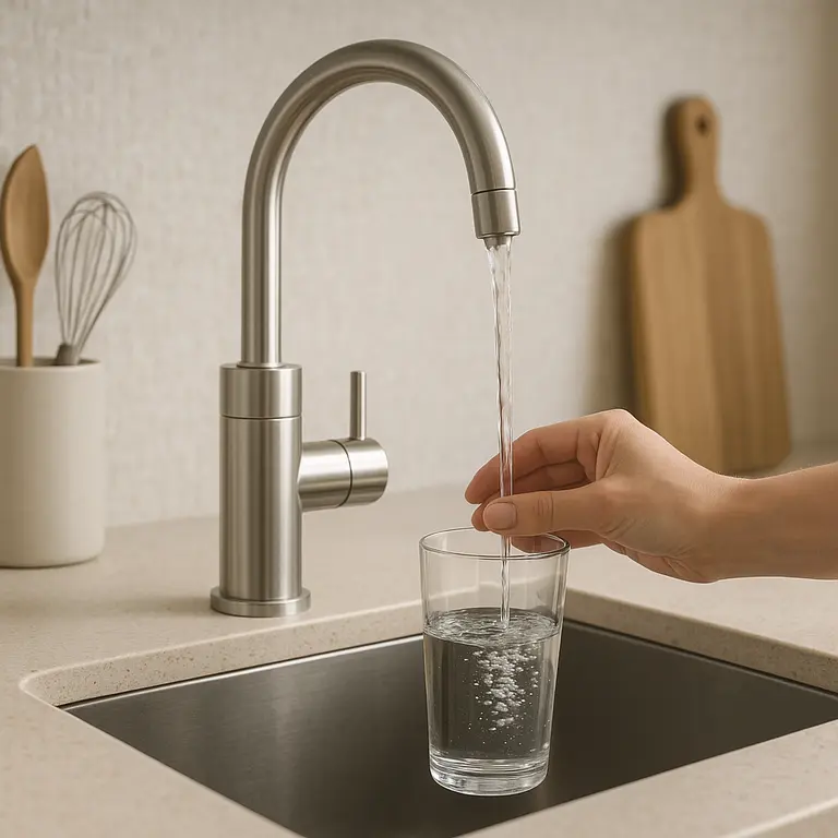 Mão ajustando torneira metálica com filtro acoplado em cozinha moderna