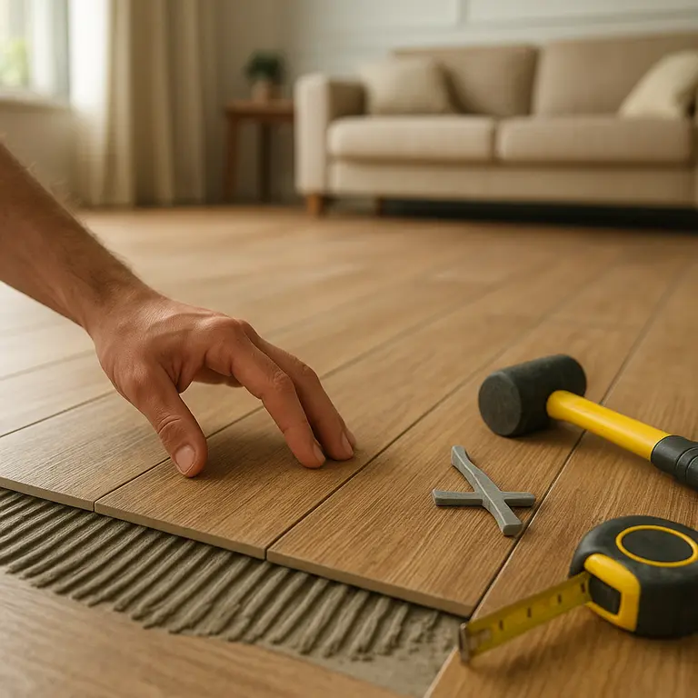 Mão instalando faixa de porcelanato que imita madeira com textura realista em sala