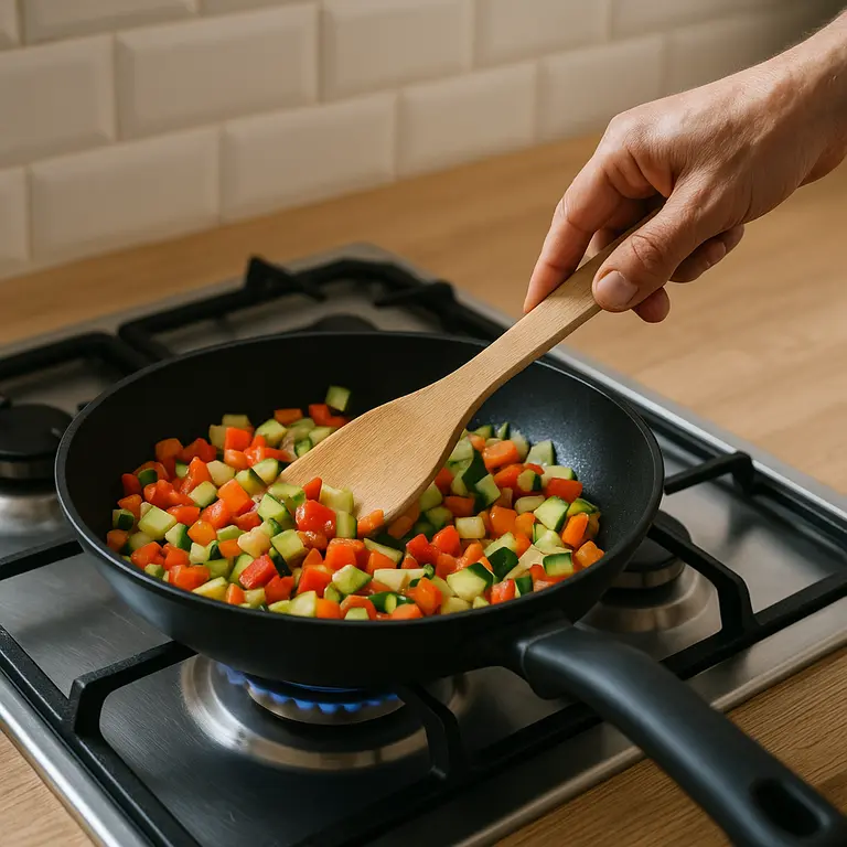 Mão adulta segurando espátula de madeira mexendo legumes em frigideira sobre bancada de madeira clara