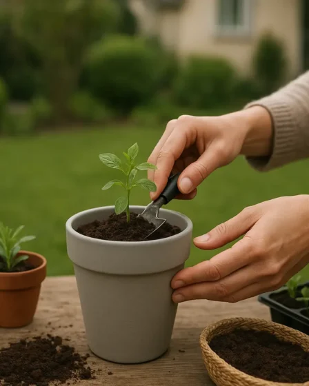 melhorias jardim facil plantio vasos Mãos plantando em vasos modernos em jardim residencial organizado