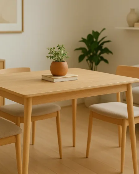 mesa para sala pequena compacta Mesa de jantar compacta em sala pequena com cadeiras minimalistas e decoração natural