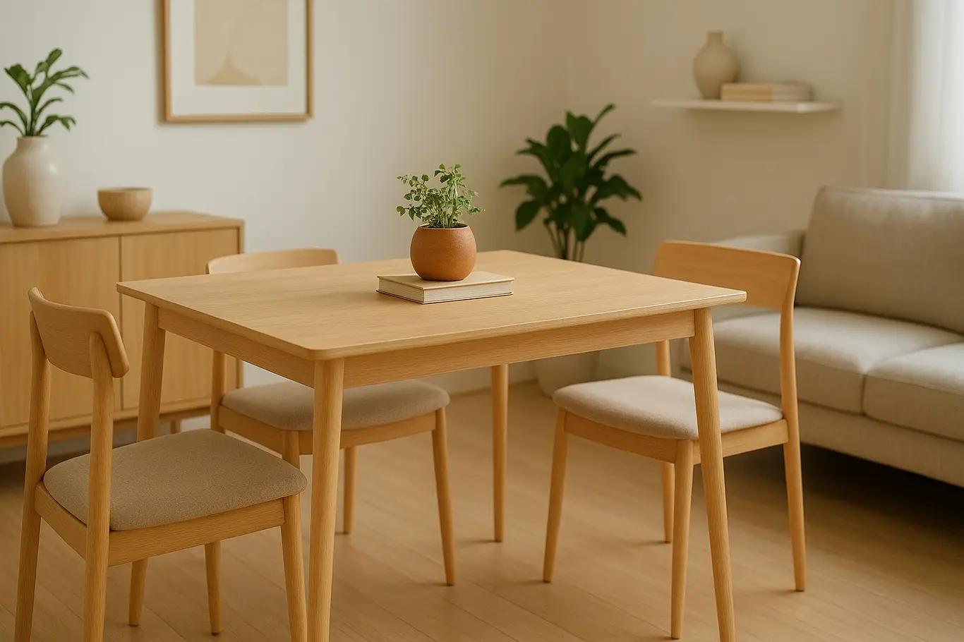mesa para sala pequena compacta Mesa de jantar compacta em sala pequena com cadeiras minimalistas e decoração natural