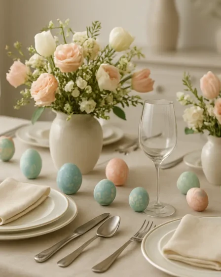 mesa posta de pascoa decoracao elegante Mesa posta de Páscoa com louças finas, ovos decorativos e arranjos florais delicados em ambiente doméstico elegante