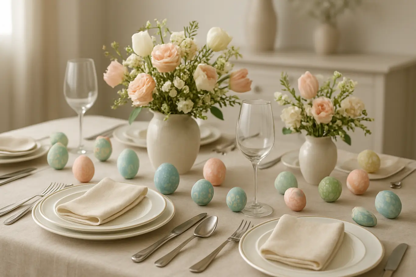 mesa posta de pascoa decoracao elegante Mesa posta de Páscoa com louças finas, ovos decorativos e arranjos florais delicados em ambiente doméstico elegante