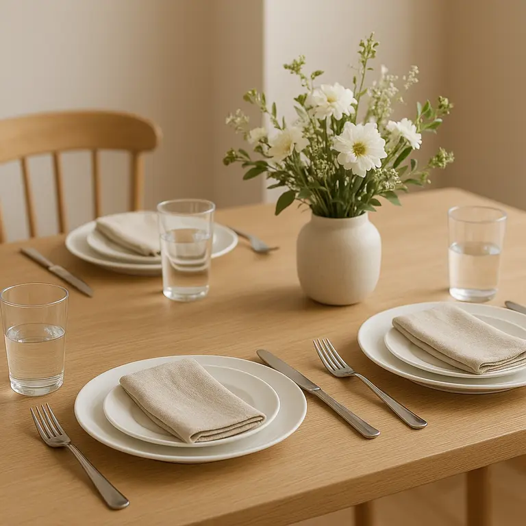 mesa posta decoracao elegancia facil Mesa posta com pratos brancos copos transparentes e arranjo floral no centro